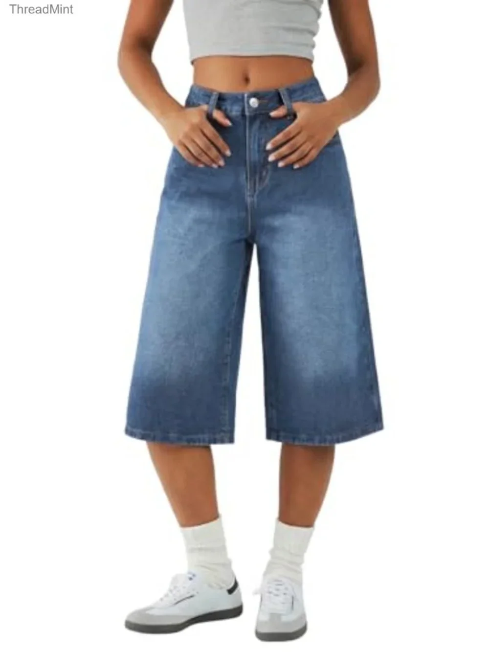 Mid Rise Bermuda Jean Shorts for Women Cotton Blend Long Denim Jorts